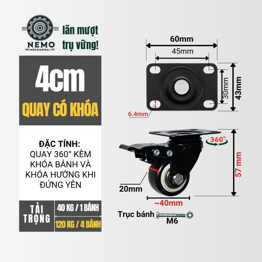 Bánh xe đẩy hàng đen trắng, mặt bích, có bạc đạn, đk bánh 4cm và 5cm, tải trọng 40-50kg/1bánh